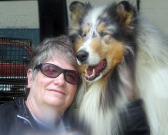 Ch. Lochlaren Marleste It's Magic, TC "Sammy", pictured with Barbara Cleek of Lochloran Collies, is in training as a collie for mobility and support by Leslie Rappaport at Kings Valley Collies in Oregon.